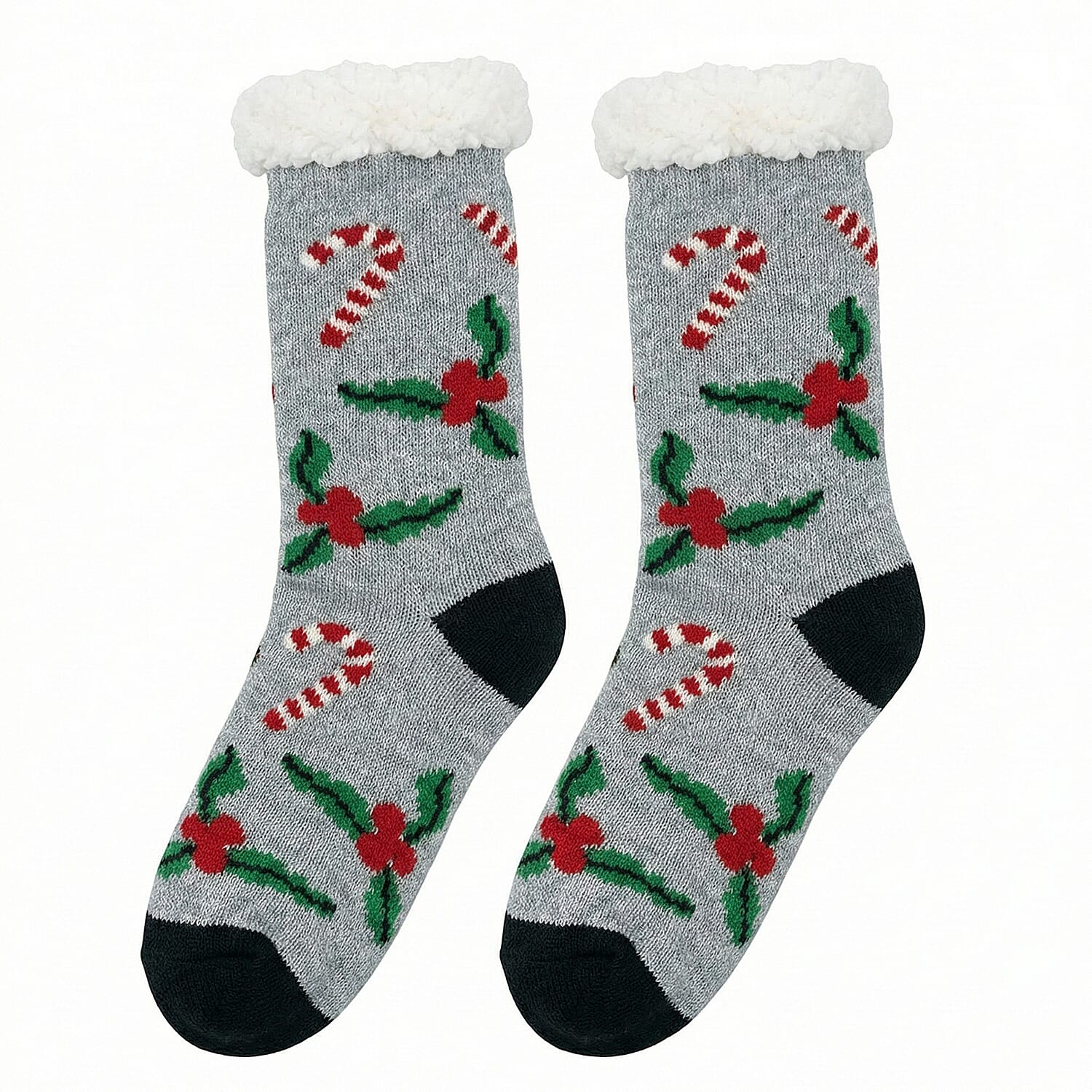 Heat Machine - Sherpa Lined Anti Slip Christmas Slipper Socks (Size UK 6-11) - Holly
