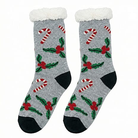 Heat Machine - Sherpa Lined Anti Slip Christmas Slipper Socks (Size UK 6-11) - Holly