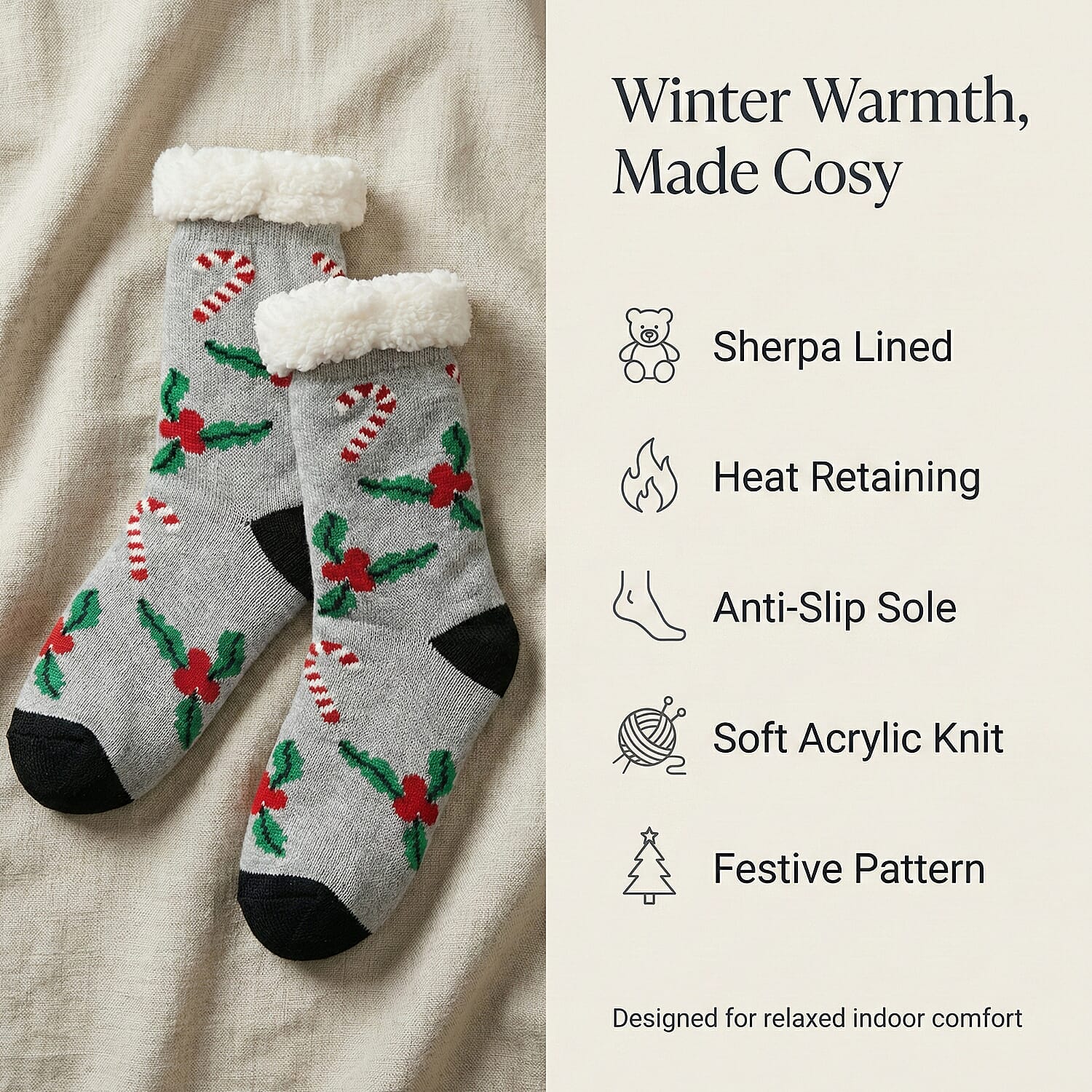 Heat Machine - Sherpa Lined Anti Slip Christmas Slipper Socks (Size UK 6-11) - Holly