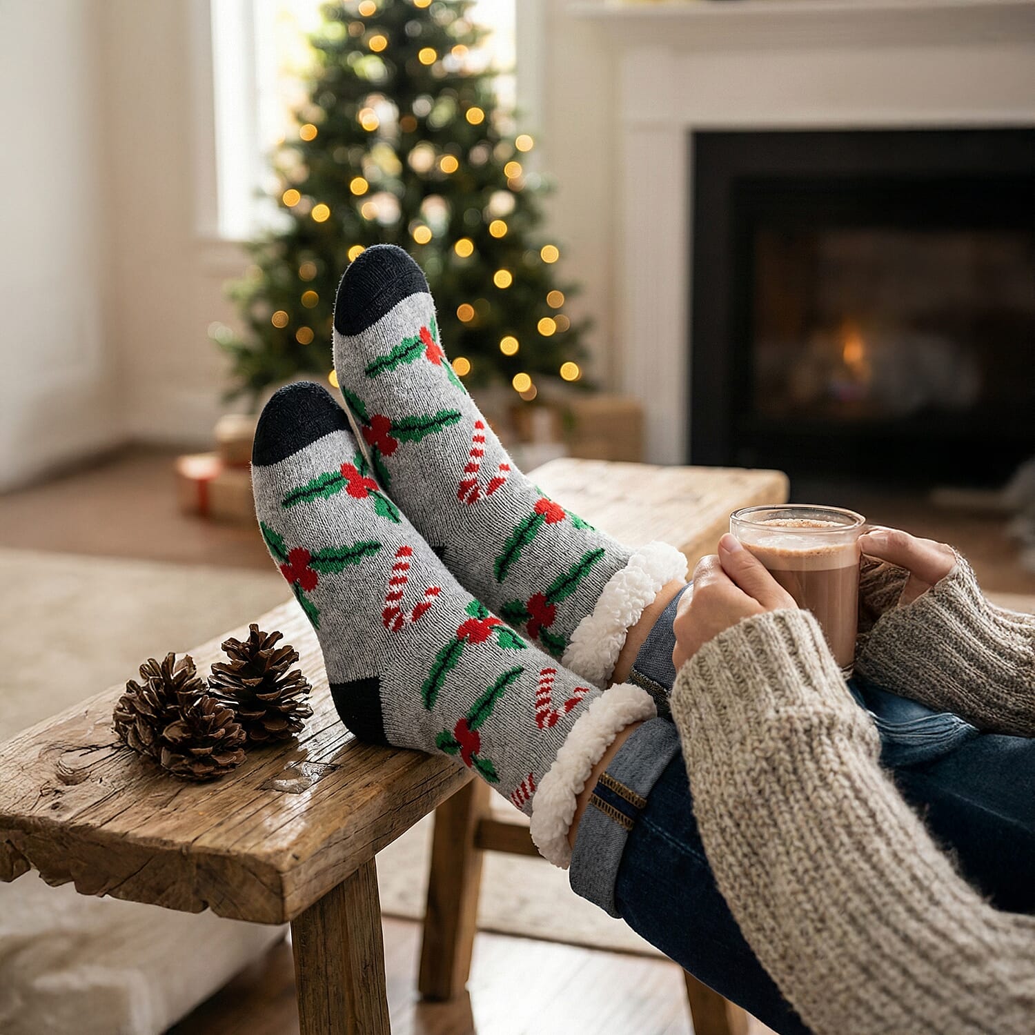 Heat Machine - Sherpa Lined Anti Slip Christmas Slipper Socks (Size UK 6-11) - Holly