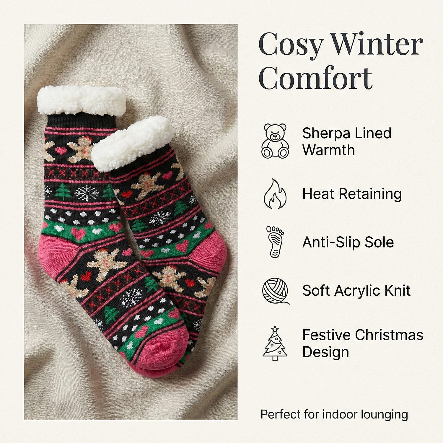 Heat Machine - Sherpa Lined Anti Slip Christmas Slipper Socks (Size UK 6-11) - Gingerbread