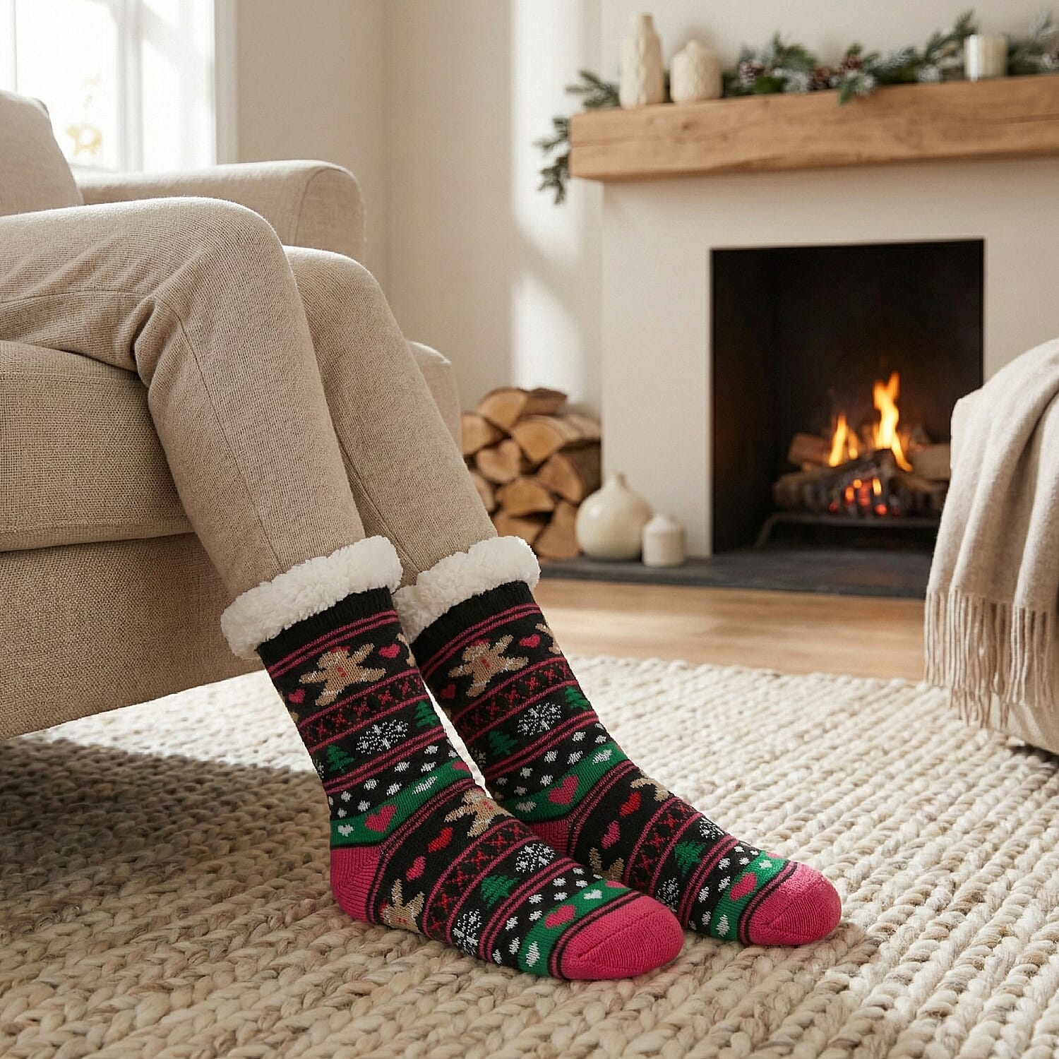 Heat Machine - Sherpa Lined Anti Slip Christmas Slipper Socks (Size UK 6-11) - Gingerbread