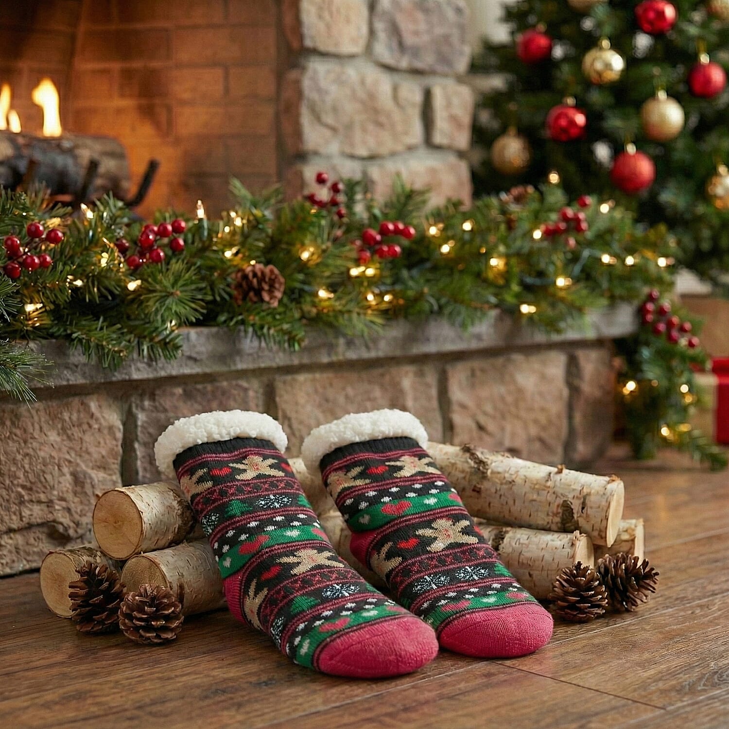 Heat Machine - Sherpa Lined Anti Slip Christmas Slipper Socks (Size UK 6-11) - Gingerbread