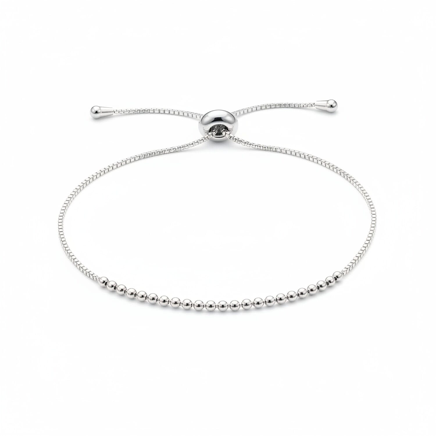 Rhodium Overlay Sterling Silver Beads Adjustable Bolo Bracelet