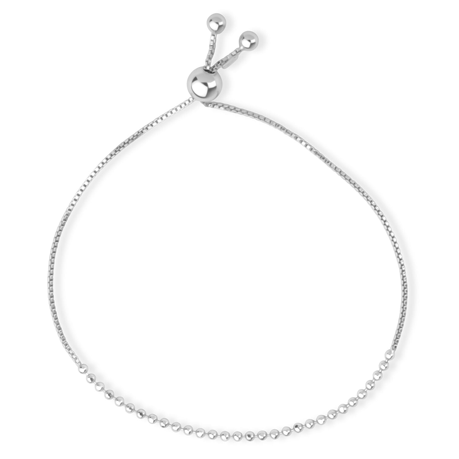 Rhodium Overlay Sterling Silver Beads Adjustable Bolo Bracelet. Silver WT 2.70 Gms