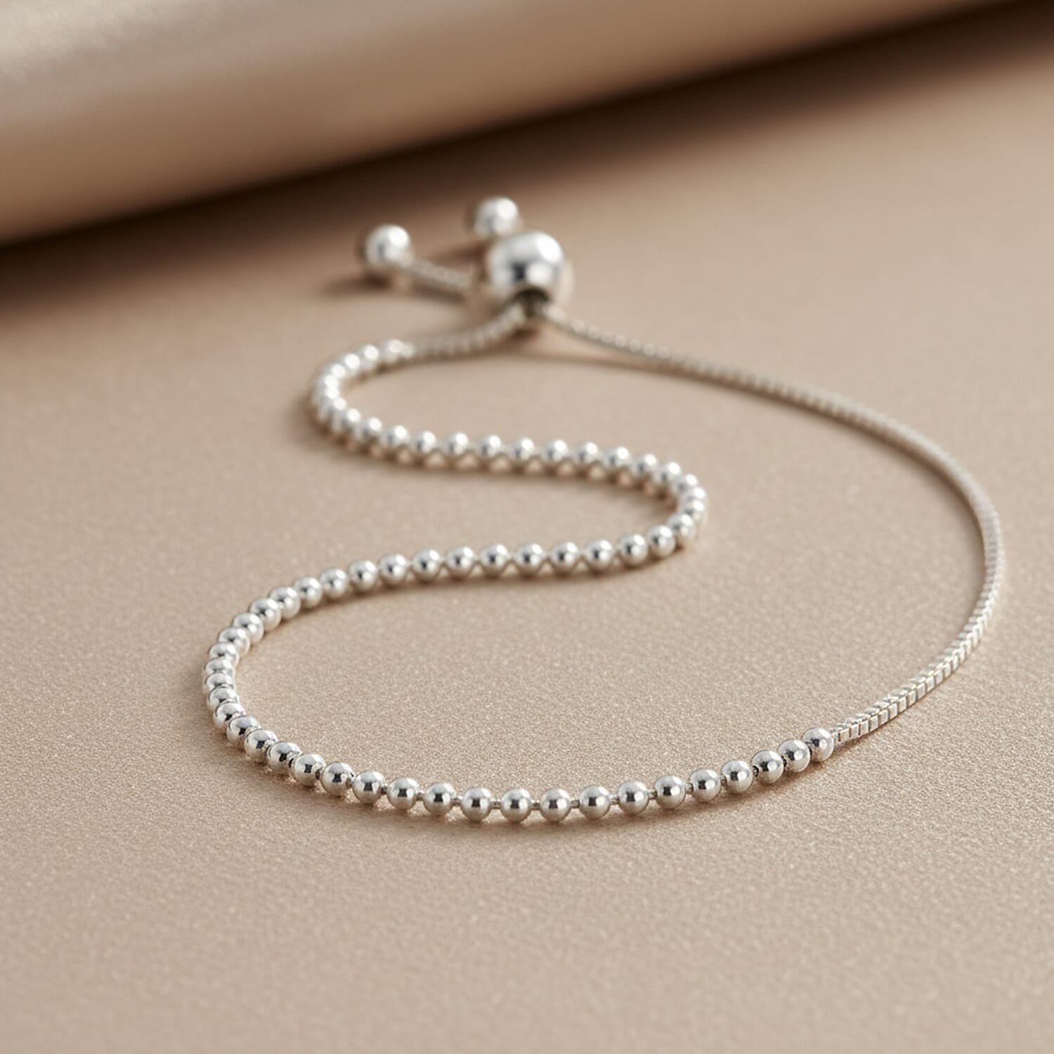 Rhodium Overlay Sterling Silver Beads Adjustable Bolo Bracelet. Silver WT 2.70 Gms