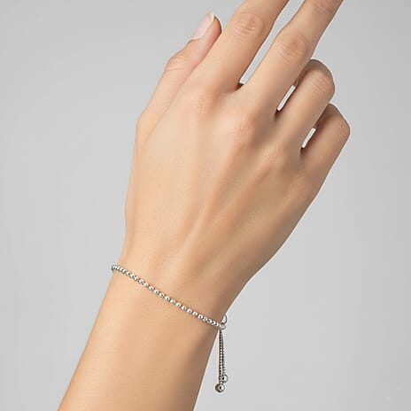 Rhodium Overlay Sterling Silver Beads Adjustable Bolo Bracelet