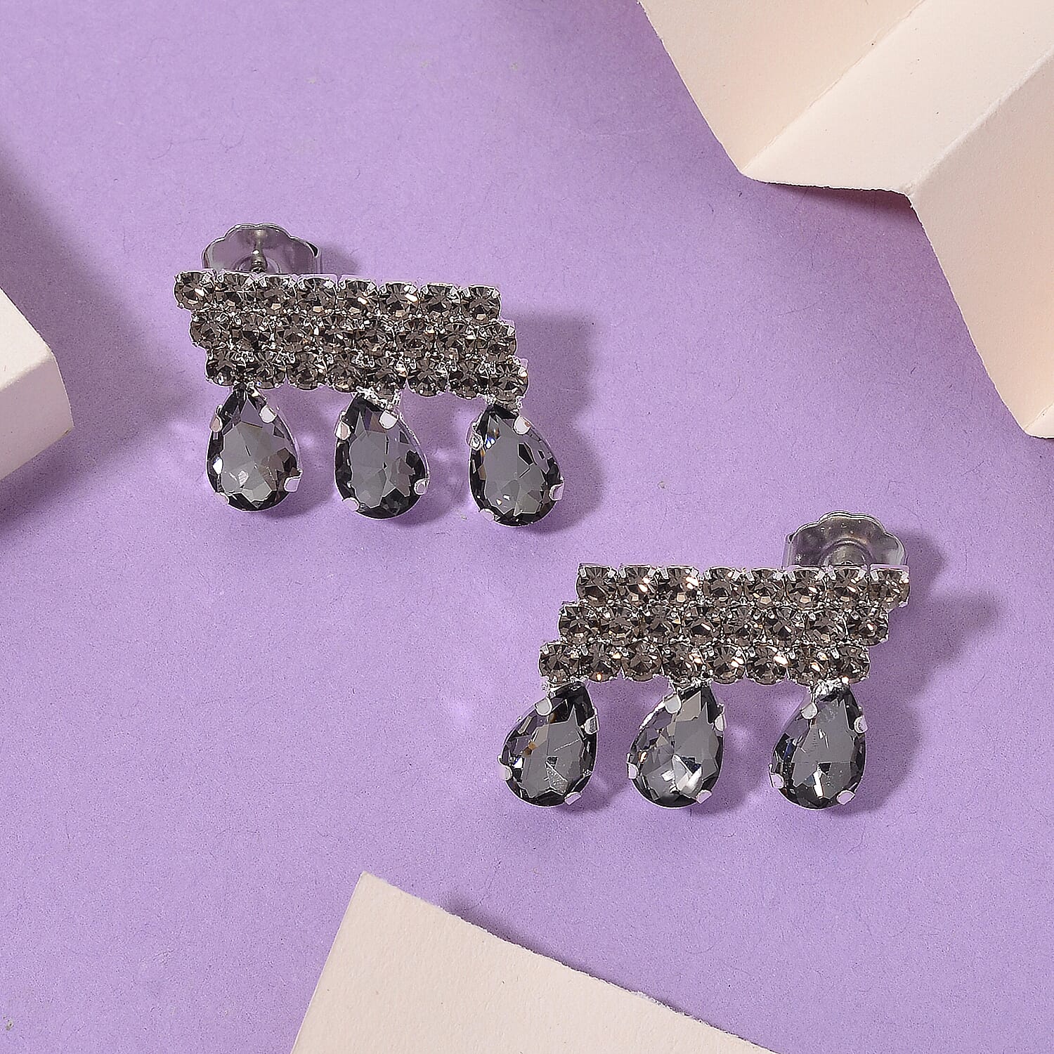 Grey Crystal Earring with Push Back