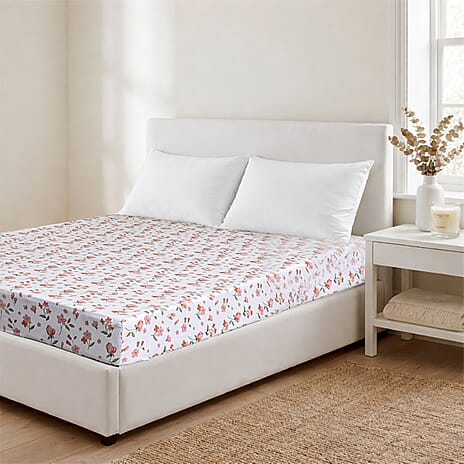 Hush Haven 6-Piece Floral Digital Print Duvet Set - inc. Reversible Quilt Cover, Fitted Sheet, 2 Housewife Pillowcases and 2 Oxford Pillowcases (200 x 200cm) - White - Pink