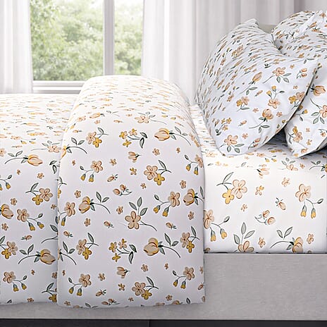 Hush Haven 6-Piece Floral Digital Print Duvet Set - inc. Reversible Quilt Cover, Fitted Sheet, 2 Housewife Pillowcases and 2 Oxford Pillowcases (200 x 200cm) - White - Porange