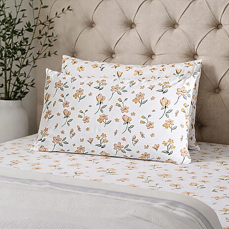 Hush Haven 6-Piece Floral Digital Print Duvet Set - inc. Reversible Quilt Cover, Fitted Sheet, 2 Housewife Pillowcases and 2 Oxford Pillowcases (225 x 220cm) - White - orange
