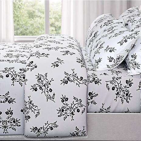 Hush Haven 6-Piece Floral Digital Print Duvet Set - inc. Reversible Quilt Cover, Fitted Sheet, 2 Housewife Pillowcases and 2 Oxford Pillowcases (200 x 200cm) - White - Black
