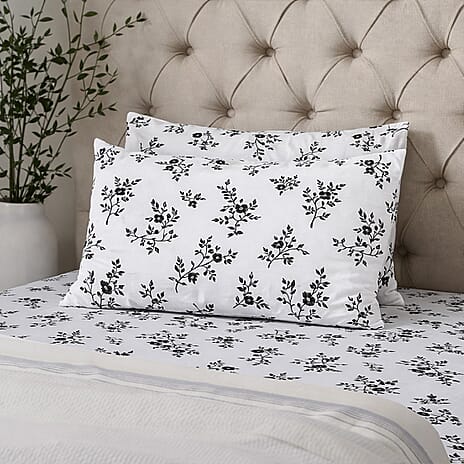 Hush Haven 6-Piece Floral Digital Print Duvet Set - inc. Reversible Quilt Cover, Fitted Sheet, 2 Housewife Pillowcases and 2 Oxford Pillowcases (200 x 200cm) - White - Black