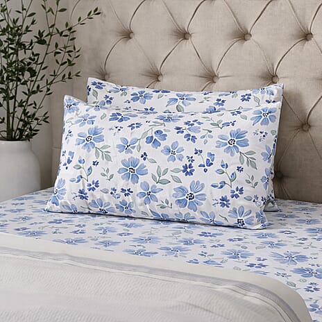 Hush Haven 6-Piece Floral Digital Print Duvet Set - inc. Reversible Quilt Cover, Fitted Sheet, 2 Housewife Pillowcases and 2 Oxford Pillowcases (225 x 220cm) - White - Blue