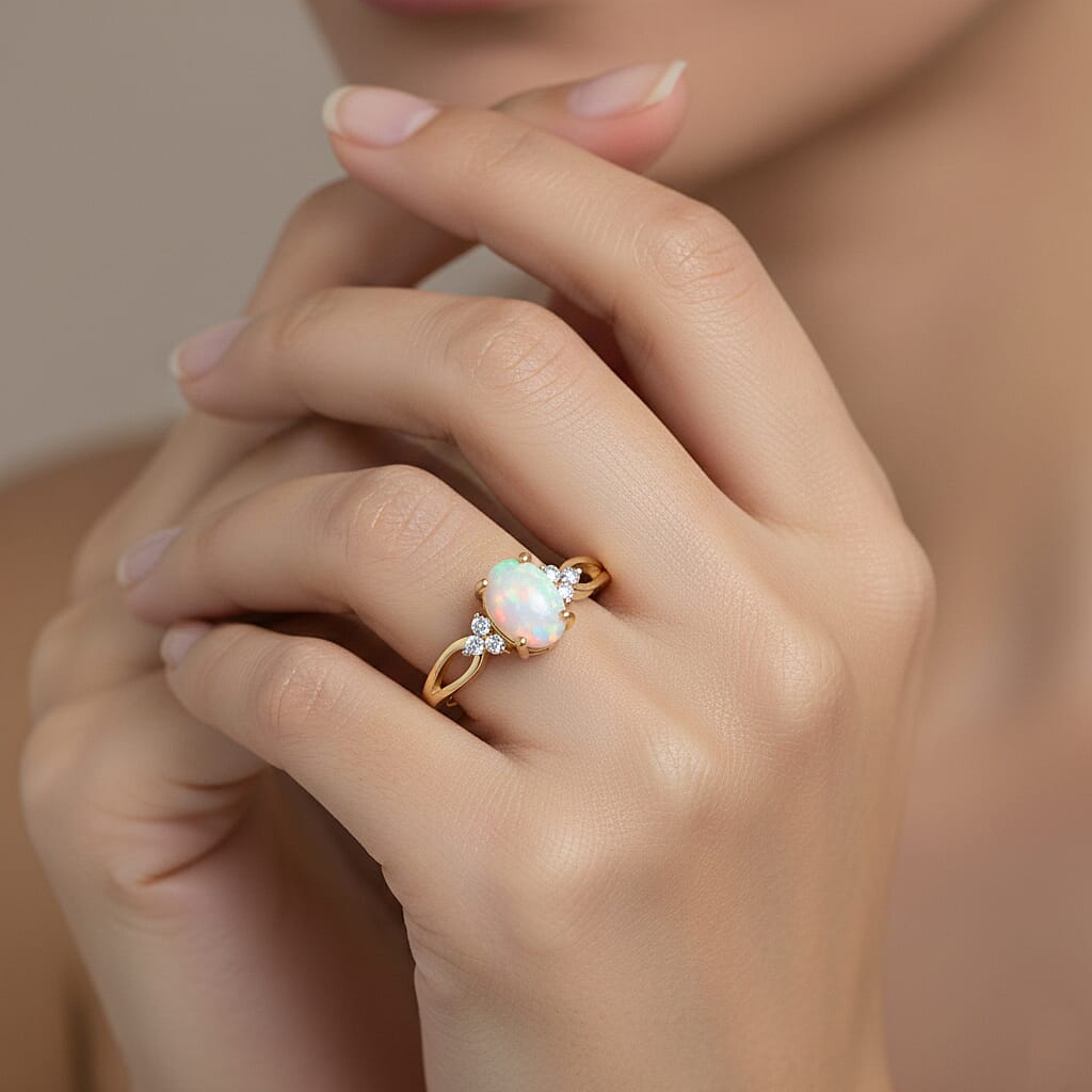 D'Joy Ethiopian Opal & Moissanite Ring in 18K Vermeil Yellow Gold Plated Sterling Silver
