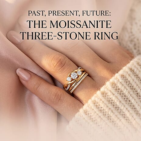 D'Joy Moissanite 3 Stone Ring in 18K Vermeil Yellow Gold Plated Sterling Silver