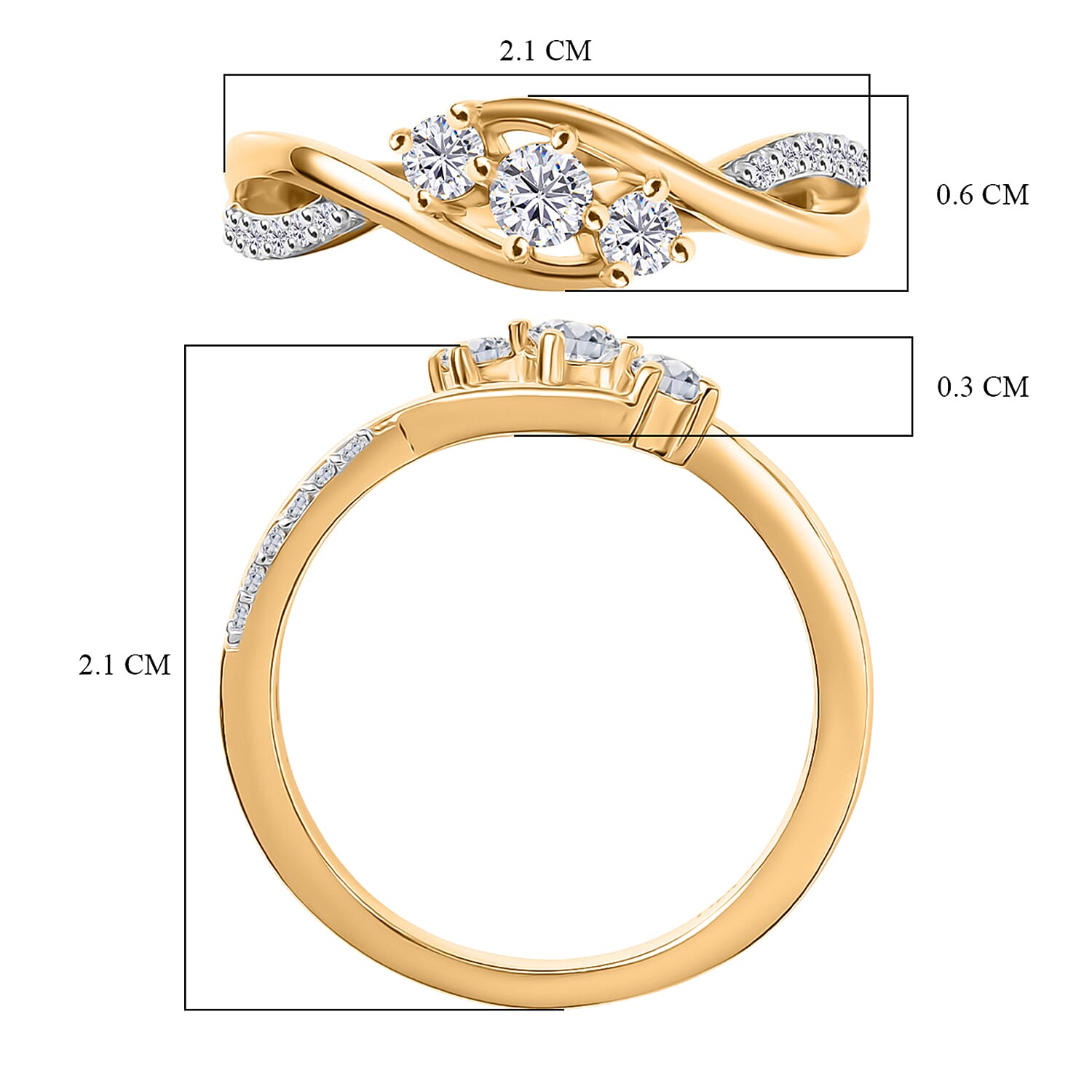 D'Joy Moissanite 3 Stone Ring in 18K Vermeil Yellow Gold Plated Sterling Silver