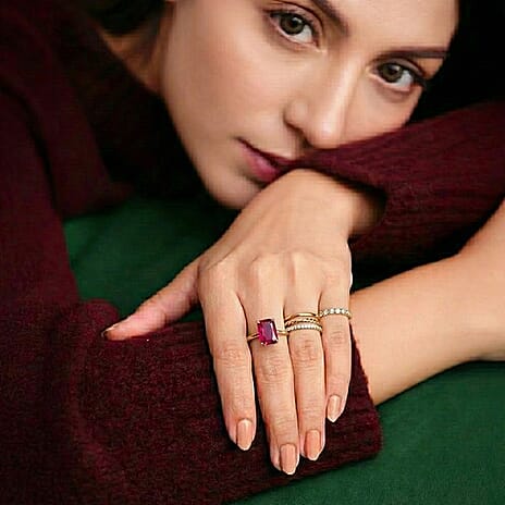 D'Joy African Ruby & White Zircon Solitaire Ring in 18K Vermeil Yellow Gold Plated Sterling Silver 3.63 Ct.