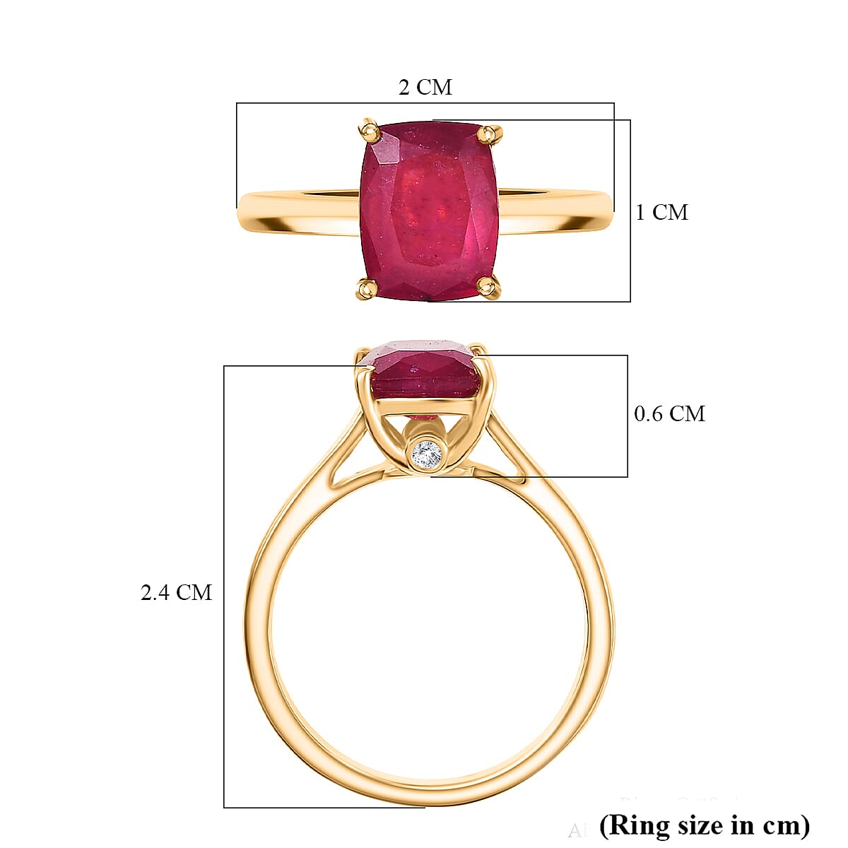 D'Joy African Ruby & White Zircon Solitaire Ring in 18K Vermeil Yellow Gold Plated Sterling Silver 3.63 Ct.