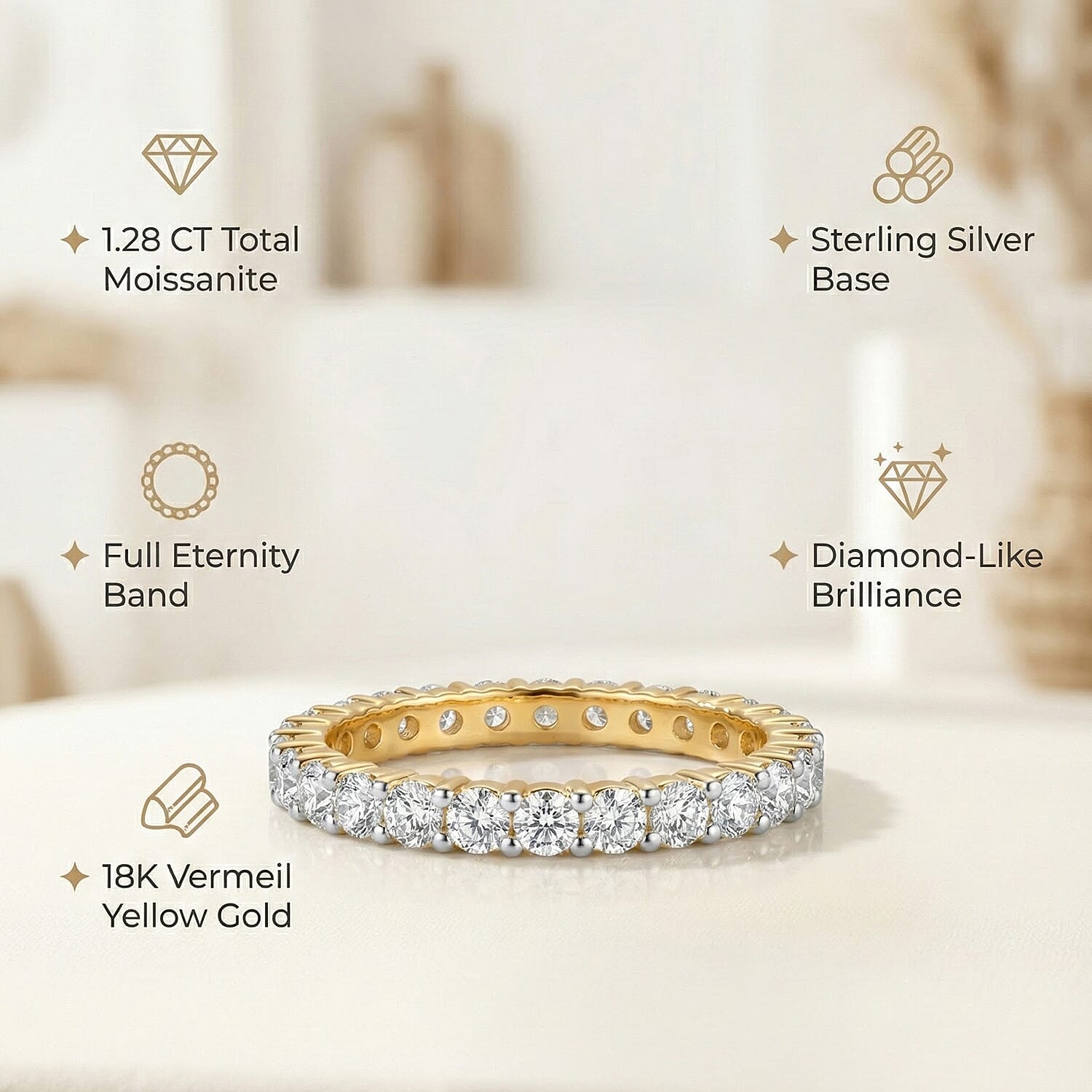 D'Joy Moissanite Band Ring in 18K Vermeil Yellow Gold Plated Sterling Silver 1.28 Ct.