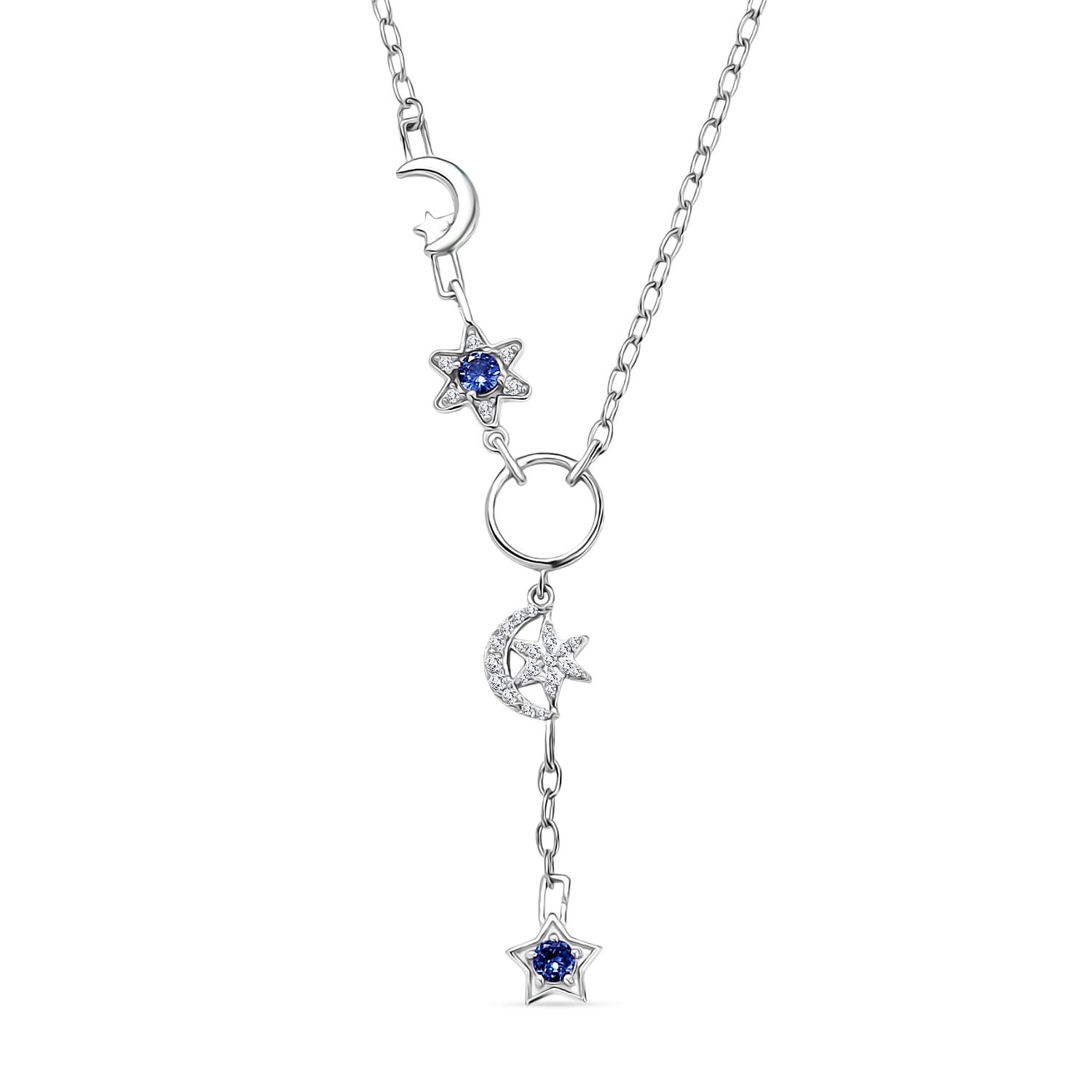 GP - Celestial Dream Collection Tanzanite, Blue Sapphire & White Zircon Cluster Necklace (Size 20) in Rhodium Overlay Sterling Silver