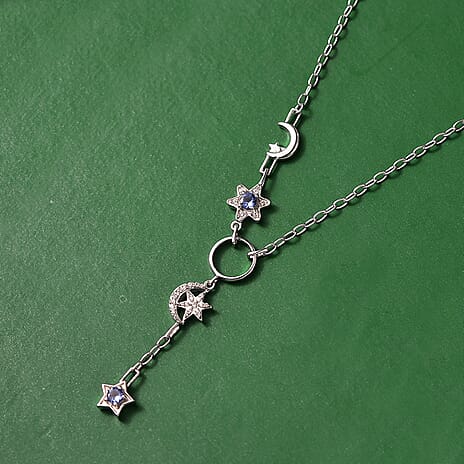 GP - Celestial Dream Collection Tanzanite, Blue Sapphire & White Zircon Cluster Necklace (Size 20) in Rhodium Overlay Sterling Silver