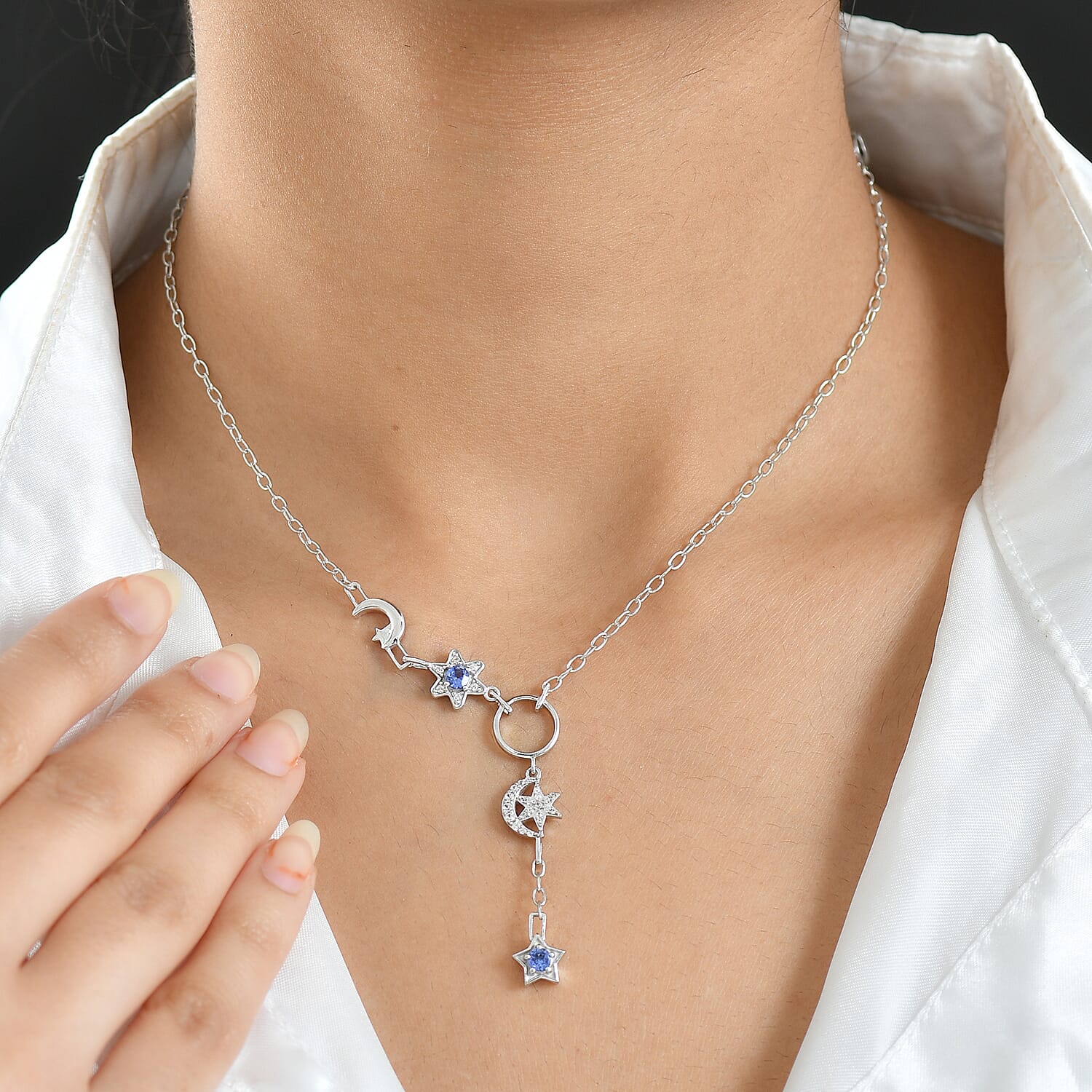 GP - Celestial Dream Collection Tanzanite, Blue Sapphire & White Zircon Cluster Necklace (Size 20) in Rhodium Overlay Sterling Silver