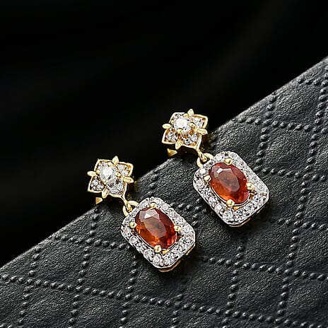 D'Joy Hessonite Garnet, White Zircon Solitaire Stud Push Post Earring in 18K YG PlatingSterling Silver  1.694  Ct.
