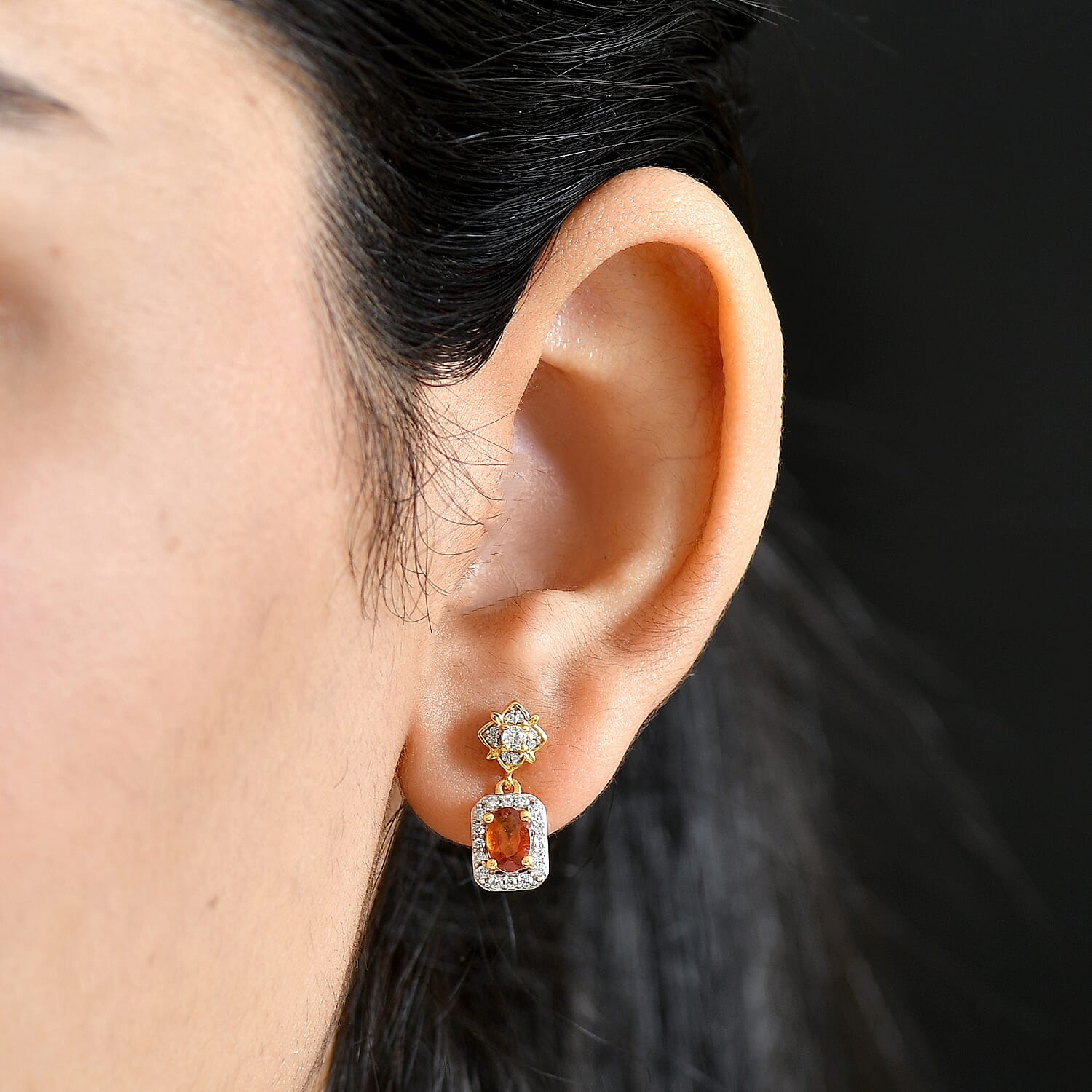 D'Joy Hessonite Garnet, White Zircon Solitaire Stud Push Post Earring in 18K YG PlatingSterling Silver  1.694  Ct.