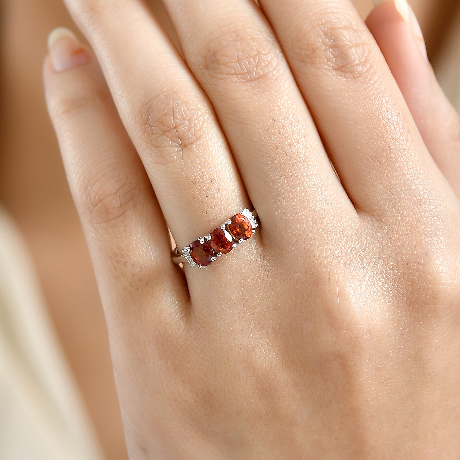 D'Joy Hessonite Garnet, White Diamond Ring in Platinum OverlaySterling Silver  1.431  Ct.