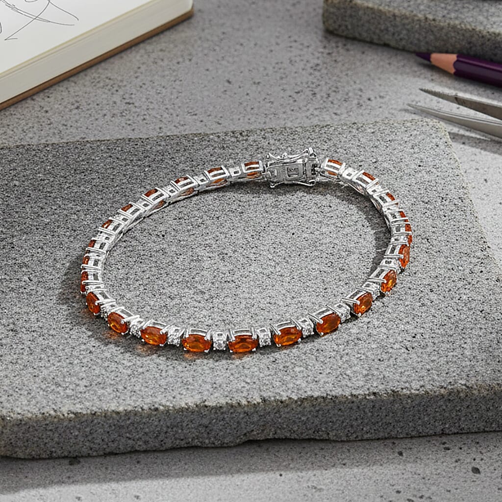 D'Joy Ceylon Hessonite Garnet & White Zircon Bracelet (Size 7.5) in Rhodium Overlay Sterling Silver 8.05 Ct, Silver Wt. 8.65 Gms.
