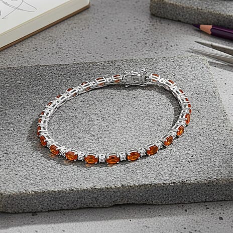 D'Joy Ceylon Hessonite Garnet & White Zircon Bracelet (Size 7.5) with GB Lock Box in Rhodium Overlay Sterling Silver 8.04 Ct, Silver Wt. 8.65 Gms.