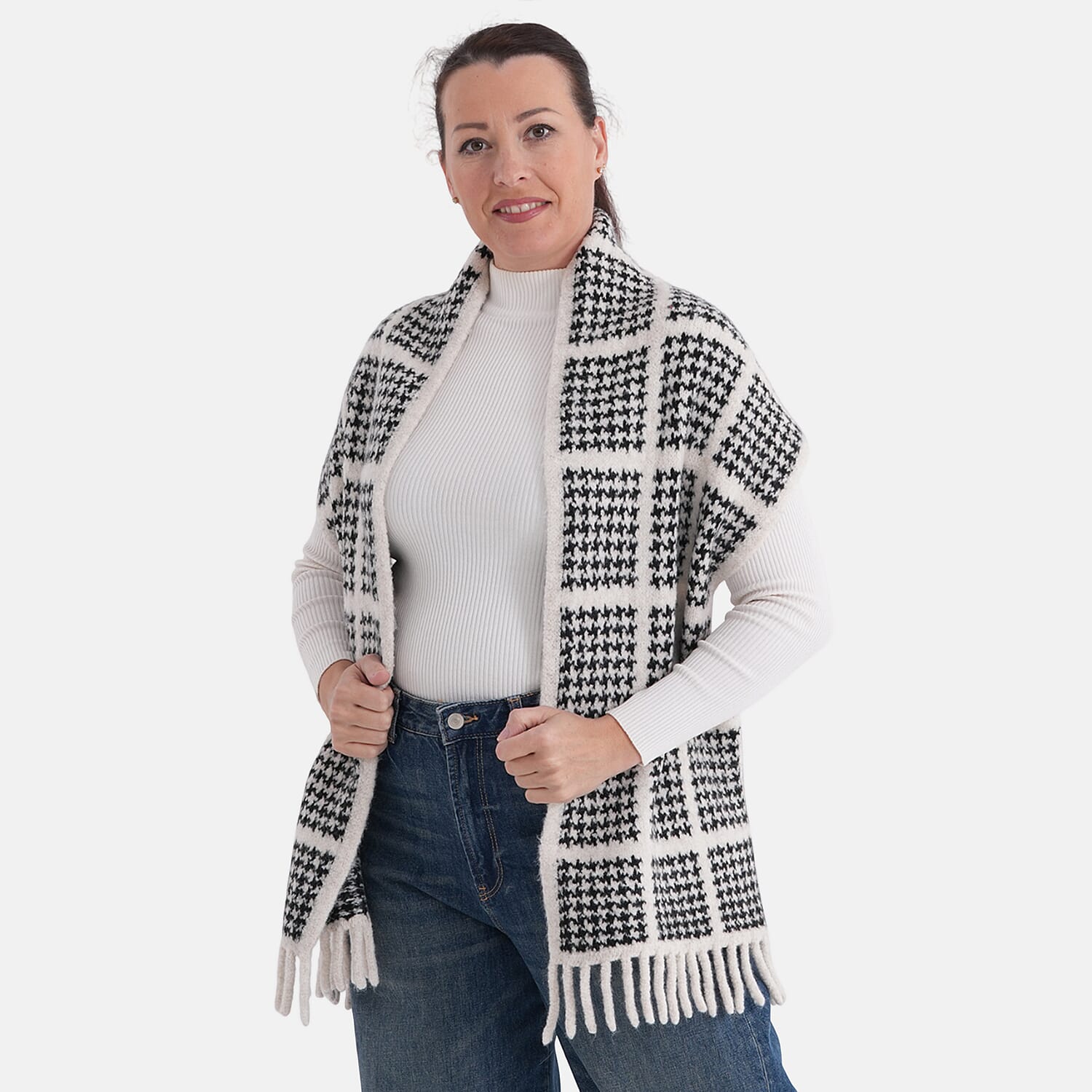 La Marey Super Soft Wool Blend Checkered Scarf with Tassel (180 X 30cm, One Size) - Black