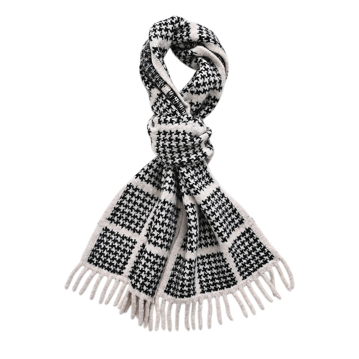 La Marey Super Soft Wool Blend Checkered Scarf with Tassel (180 X 30cm, One Size) - Black