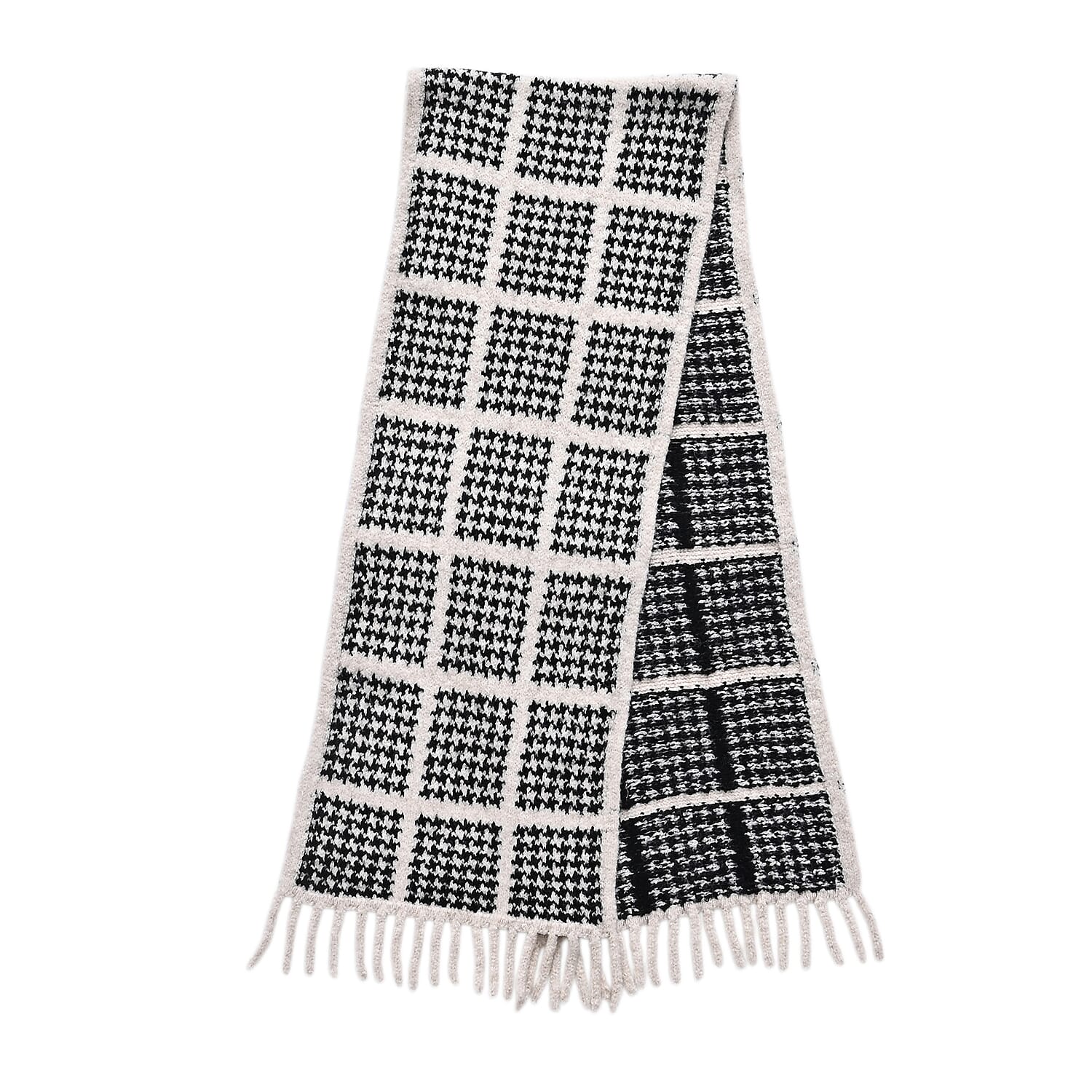 La Marey Super Soft Wool Blend Checkered Scarf with Tassel (180 X 30cm, One Size) - Black
