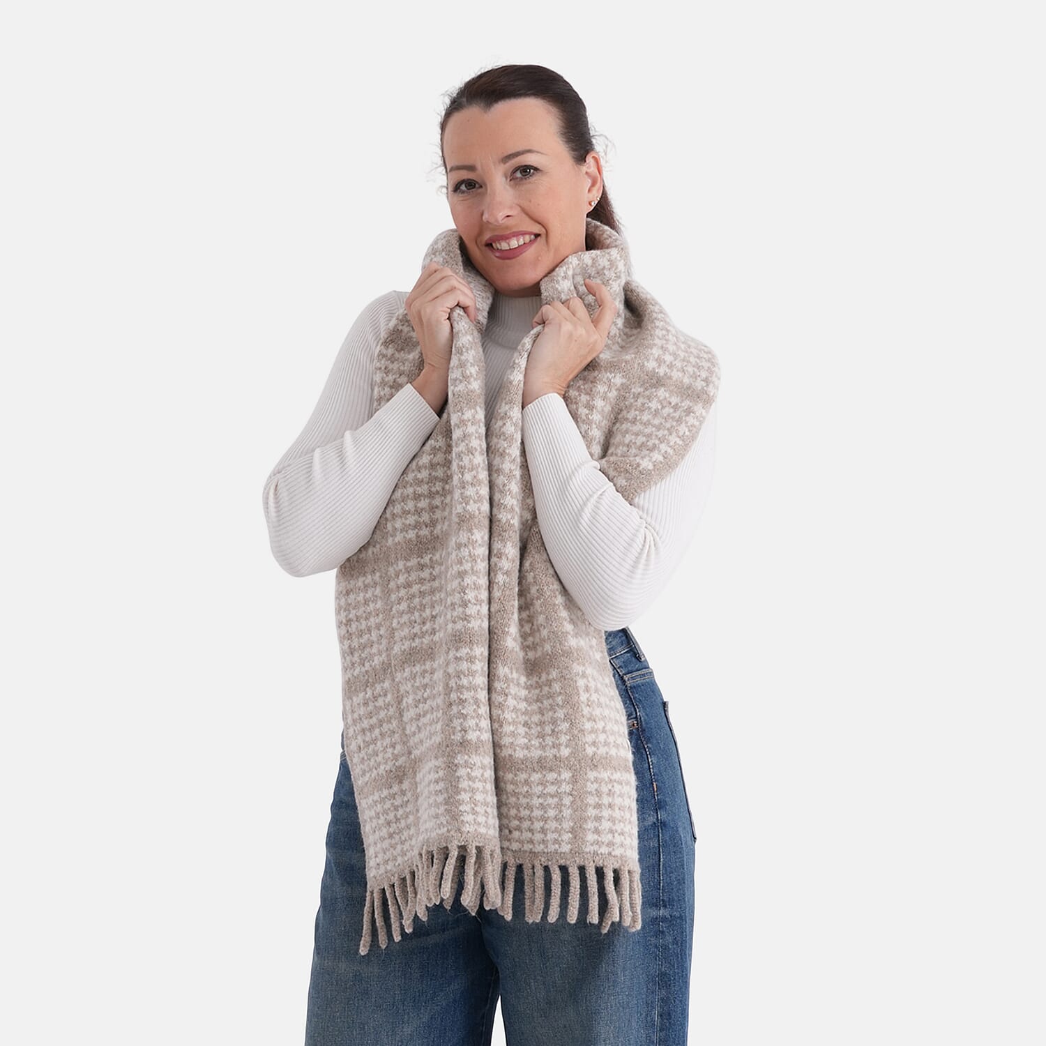 La Marey Super Soft Wool Blend Checkered Scarf with Tassel (180 X 30cm, One Size) - Beige