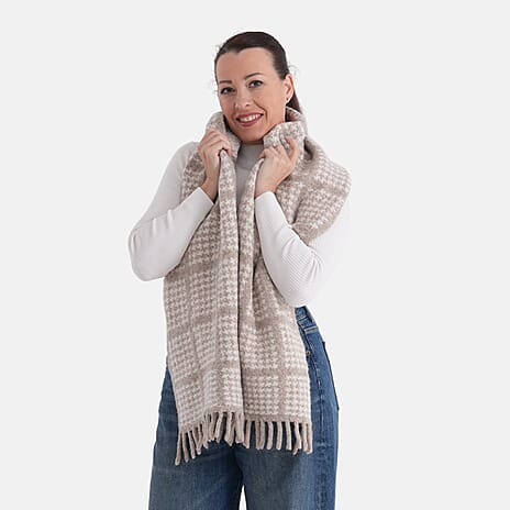 La Marey Super Soft Wool Blend Checkered Scarf with Tassel (180 X 30cm, One Size) - Beige