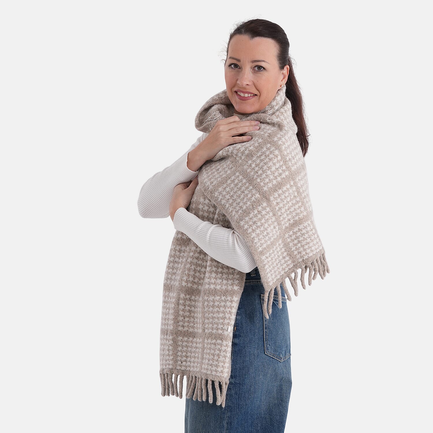 La Marey Super Soft Wool Blend Checkered Scarf with Tassel (180 X 30cm, One Size) - Beige
