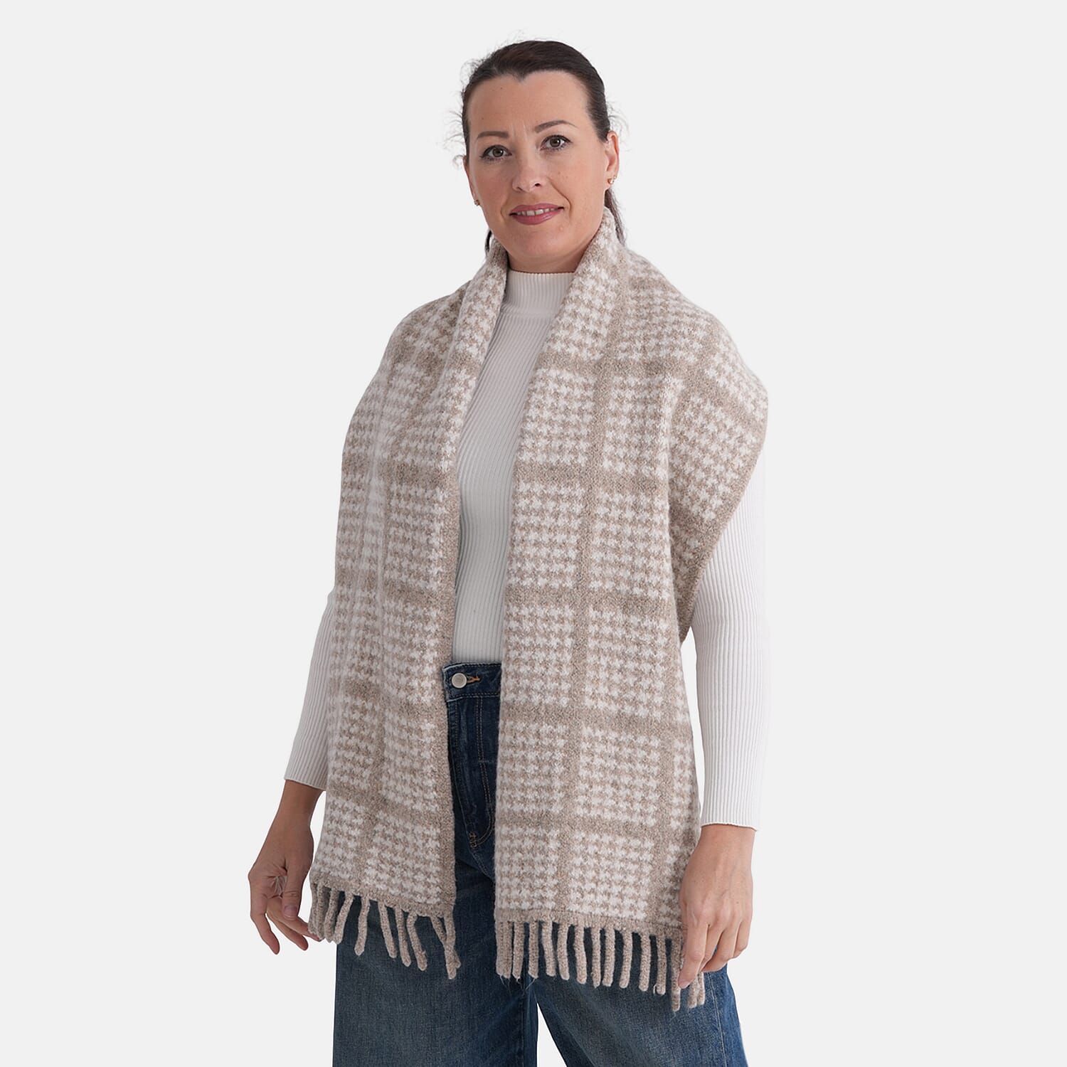 La Marey Super Soft Wool Blend Checkered Scarf with Tassel (180 X 30cm, One Size) - Beige