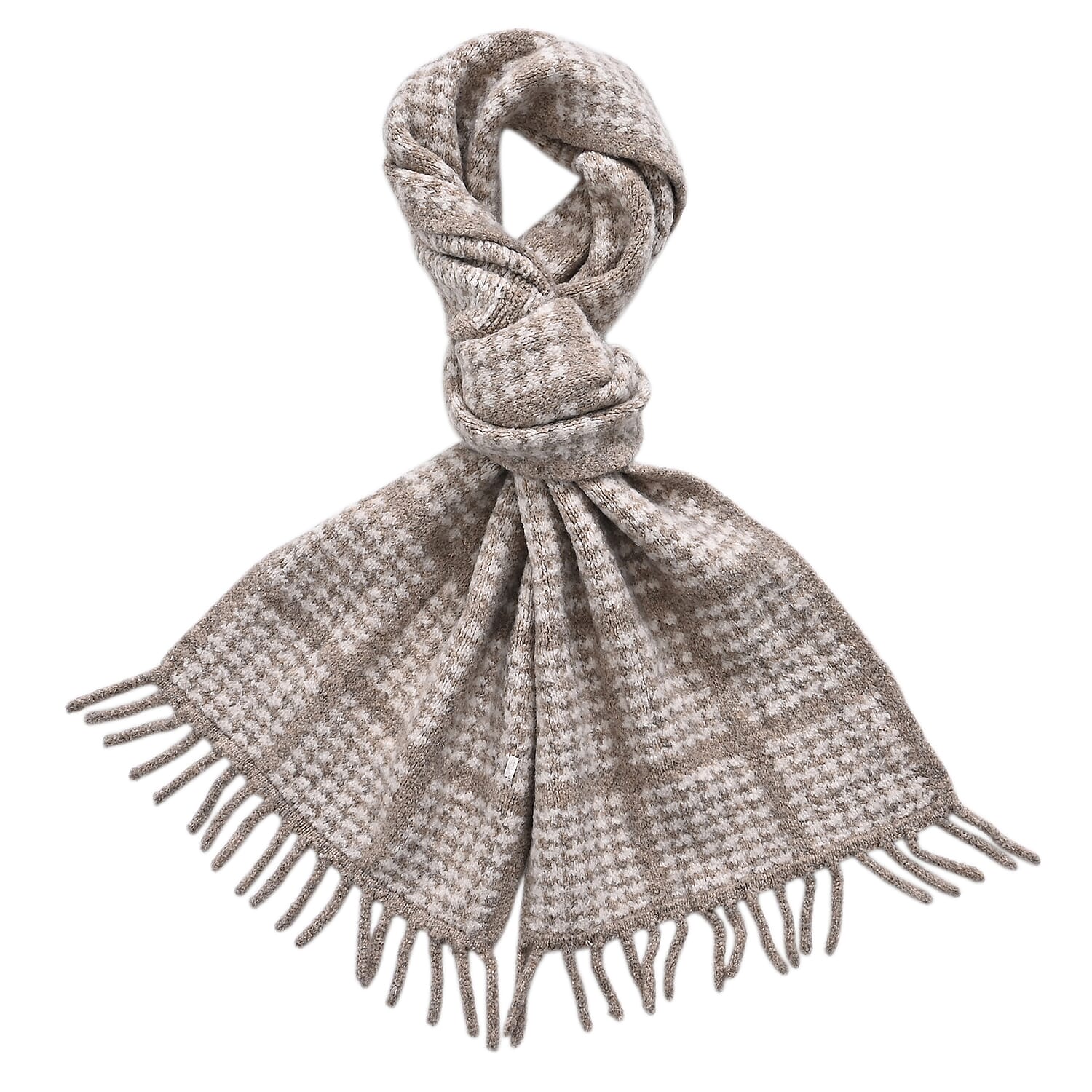 La Marey Super Soft Wool Blend Checkered Scarf with Tassel (180 X 30cm, One Size) - Beige
