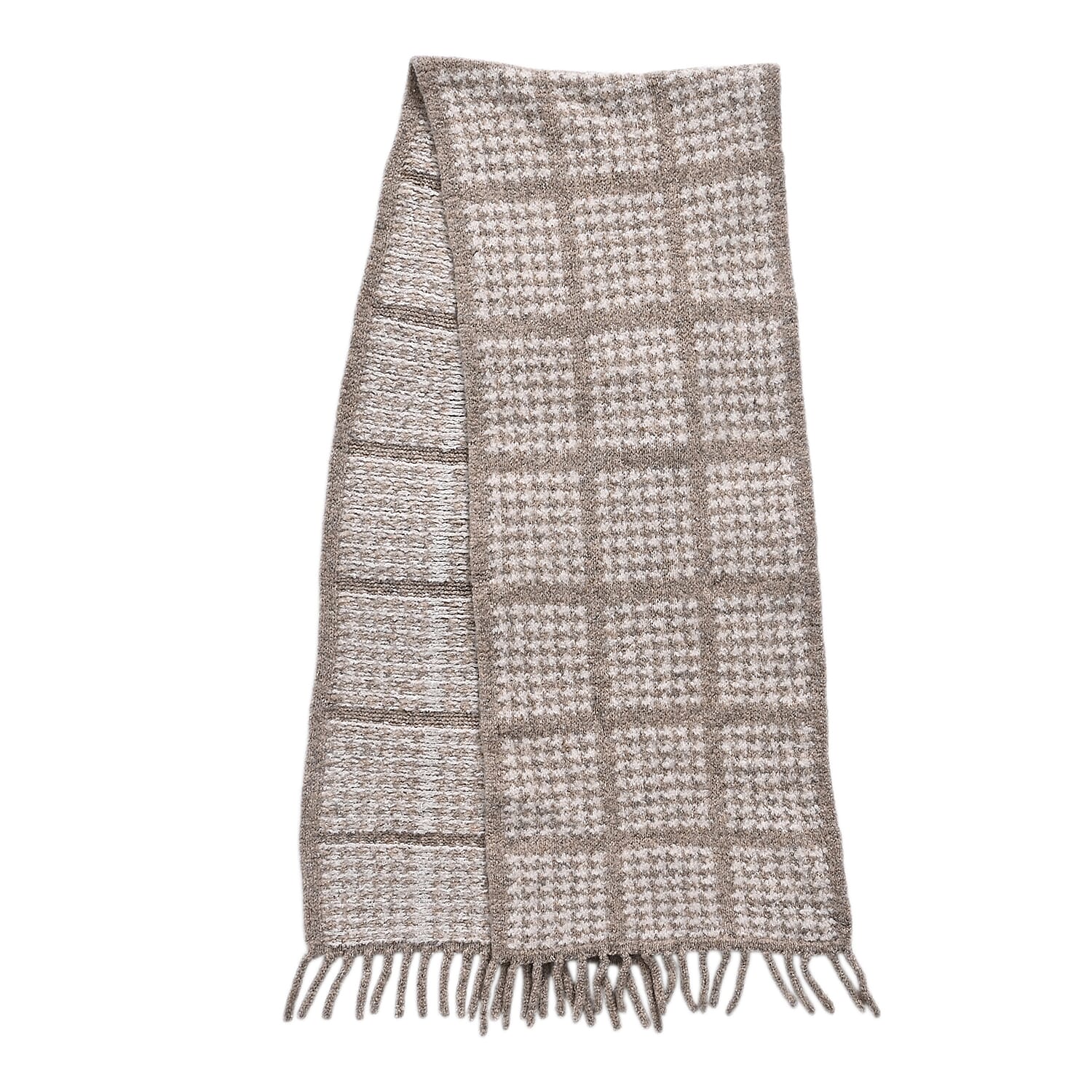 La Marey Super Soft Wool Blend Checkered Scarf with Tassel (180 X 30cm, One Size) - Beige