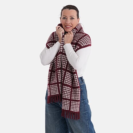 La Marey Super Soft Wool Blend Checkered Scarf with Tassel (180 X 30cm, One Size) - Burgundy