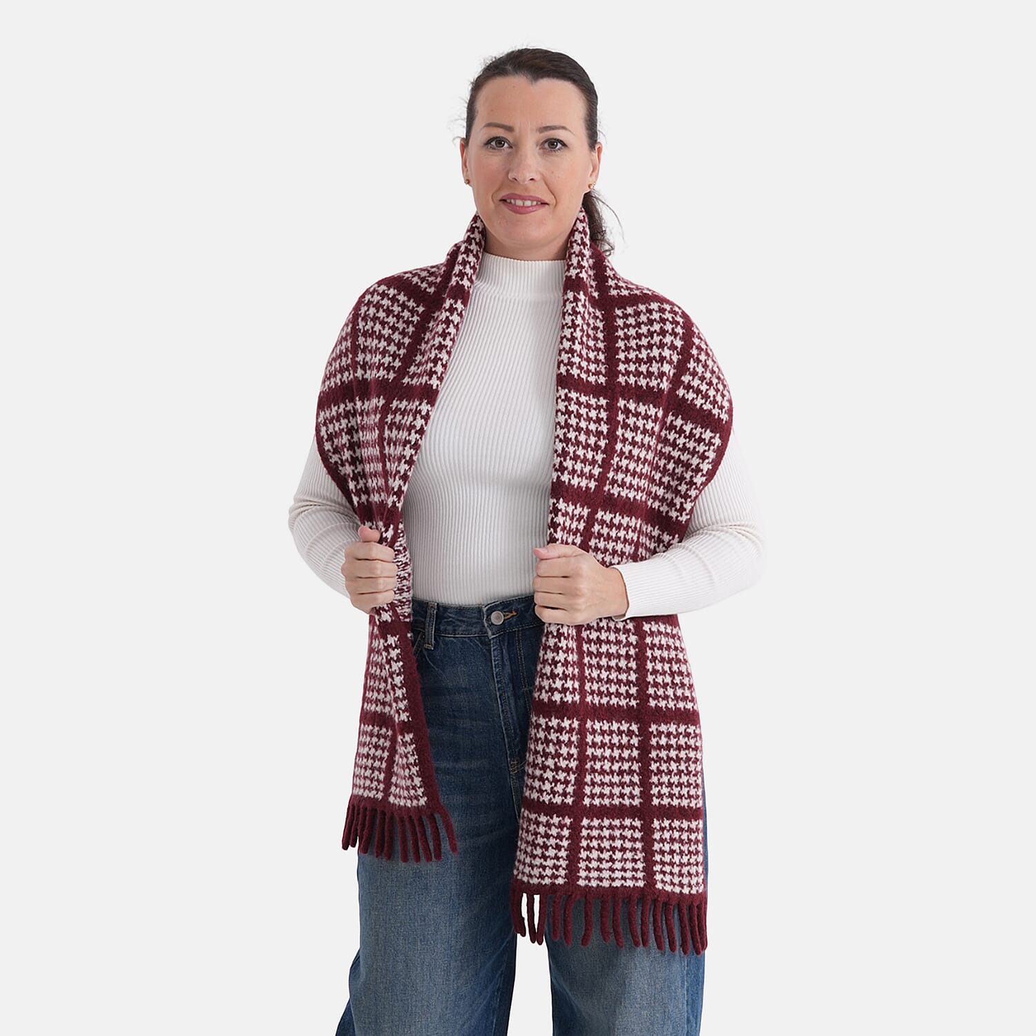 La Marey Super Soft Wool Blend Checkered Scarf with Tassel (180 X 30cm, One Size) - Burgundy