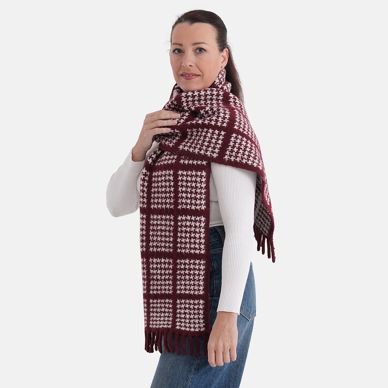 La Marey Super Soft Wool Blend Checkered Scarf with Tassel (180 X 30cm, One Size) - Burgundy