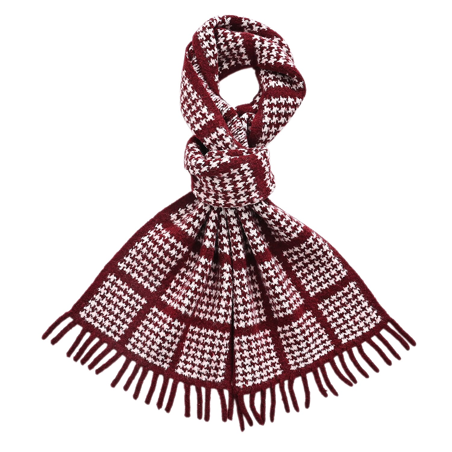La Marey Super Soft Wool Blend Checkered Scarf with Tassel (180 X 30cm, One Size) - Burgundy