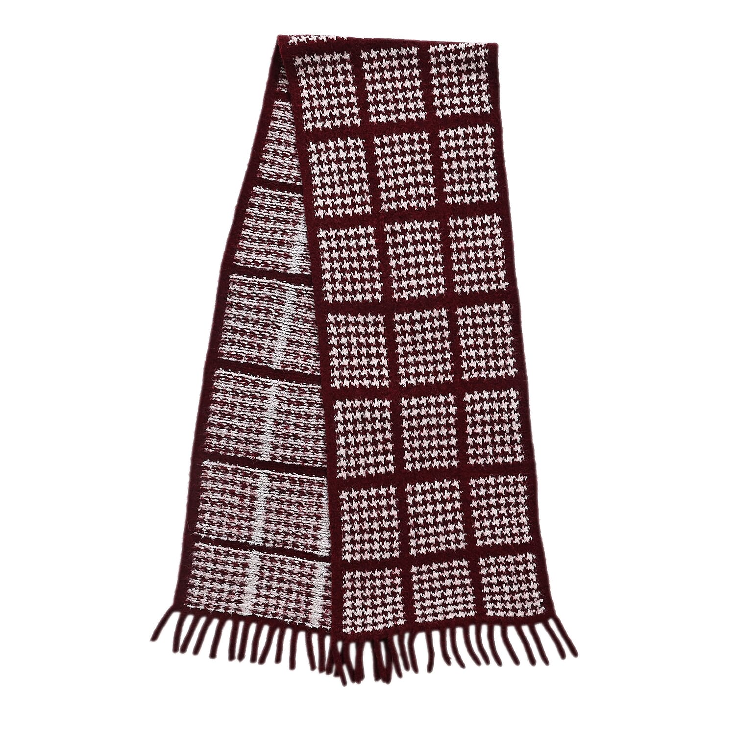 La Marey Super Soft Wool Blend Checkered Scarf with Tassel (180 X 30cm, One Size) - Burgundy