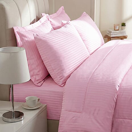 THE OPULENT LUXURY -- Hush Haven 6-Piece Summer Striped Comforter Set - inc Comforter, Fitted Sheet, 2xHousewife - 2xOxford Pillowcase (200 x 200cm) - Pink
