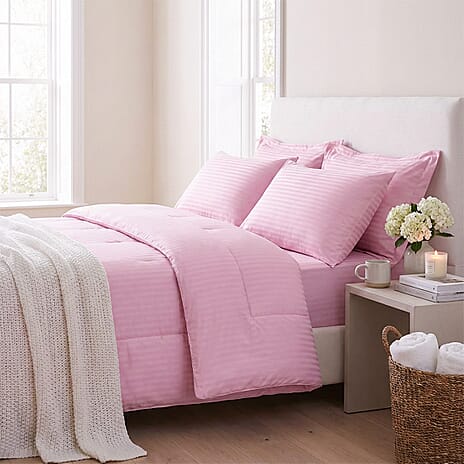 THE OPULENT LUXURY -Hush Haven 6-Piece Summer Striped Comforter Set - inc Comforter, Fitted Sheet, 2xHousewife - 2xOxford Pillowcase (King, 225 x 220cm) - Pink