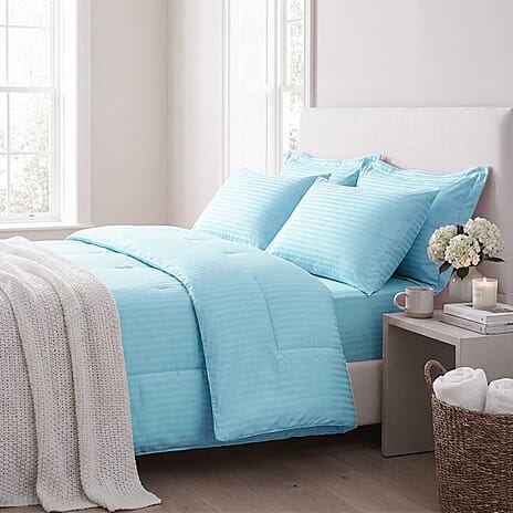 Hush Haven 6-Piece Summer Striped Comforter Set - inc Comforter, Fitted Sheet, 2xHousewife - 2xOxford Pillowcase (200 x 200cm) - Teal