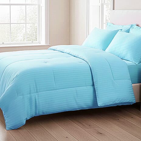 Hush Haven 6-Piece Summer Striped Comforter Set - inc Comforter, Fitted Sheet, 2xHousewife - 2xOxford Pillowcase (King, 225 x 220cm) - Turquoise